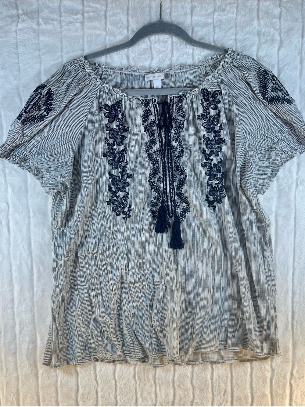 Westport 1962 Boho Embroidered Peasant Blouse Striped Tassel Top XL